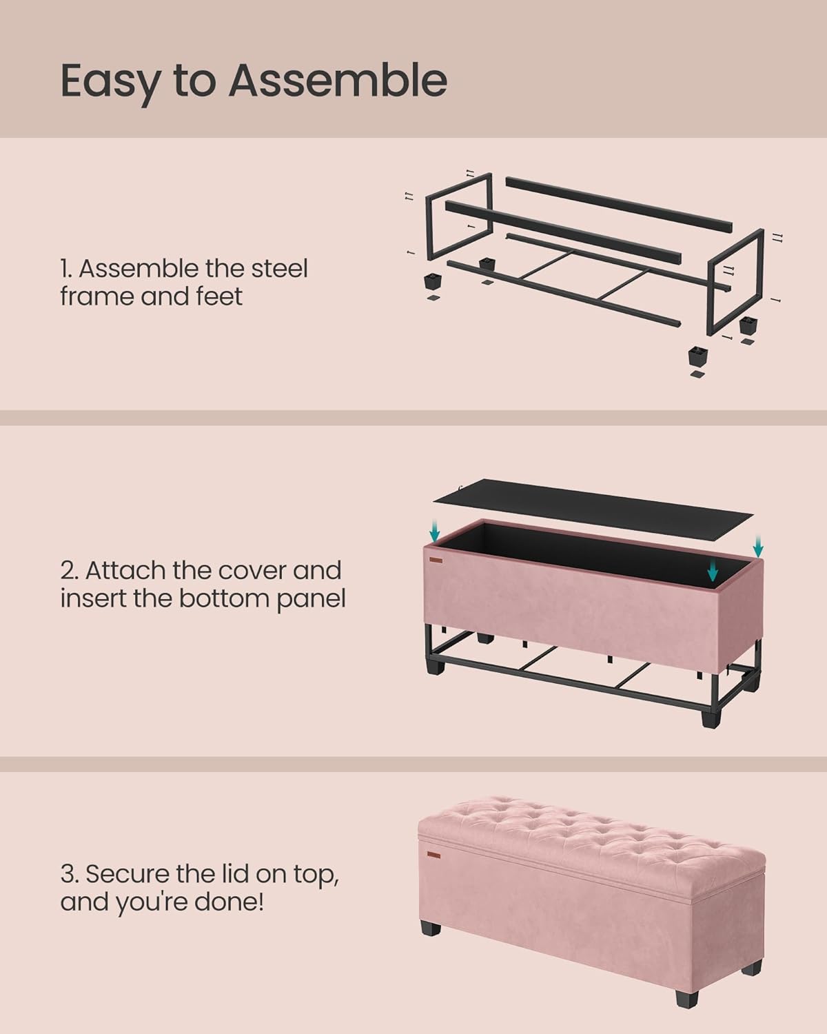 SONGMICS Velvet Storage Ottoman Bench, Foot Rest with Legs, 15.7 x 43 x 15.7 Inches, End of Bed Bench, Storage Chest, Load up to 660 lb, for Living Room, Bedroom, Entryway, Jelly Pink ULSF089R01