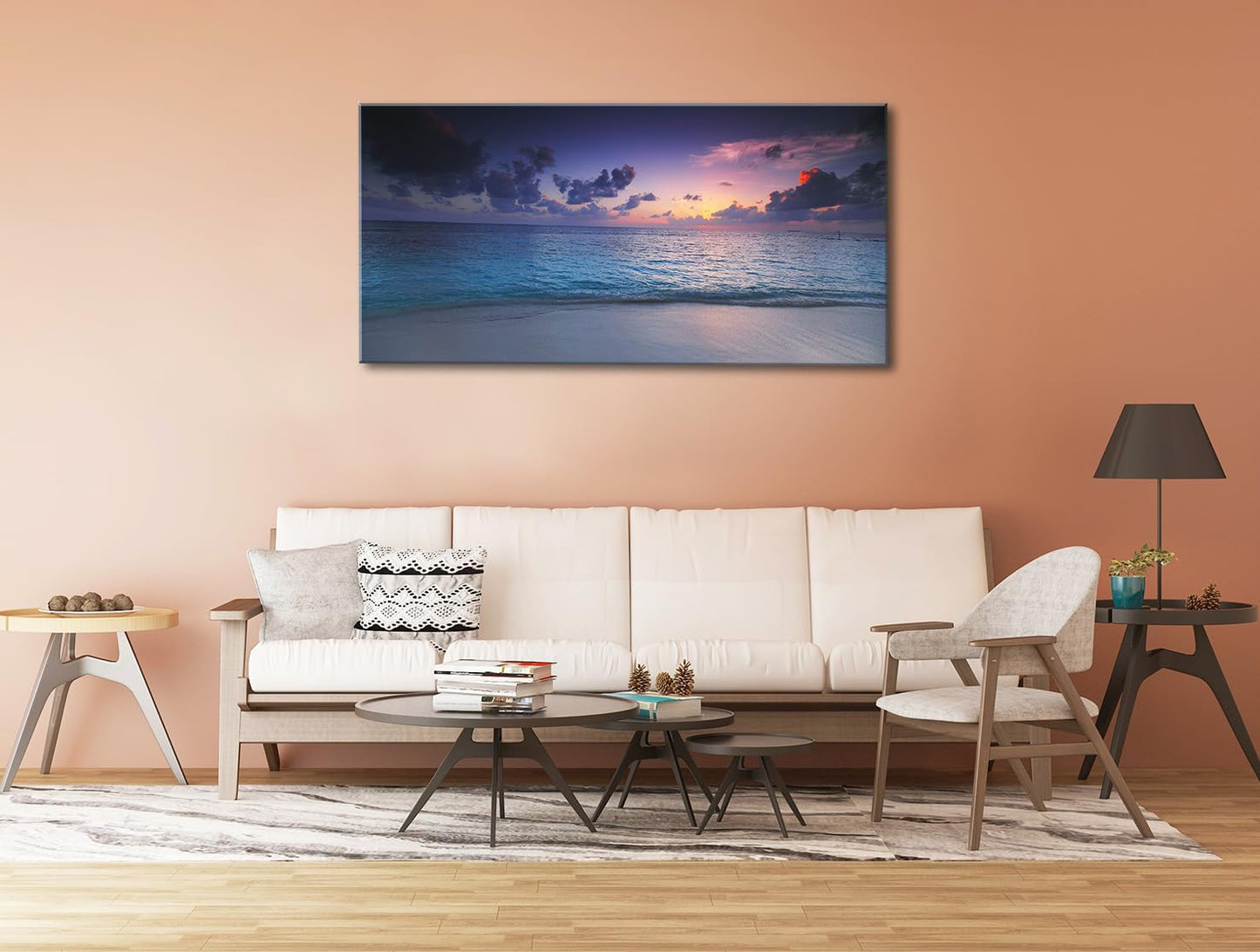 Blue Ocean Sunset Canvas Wall Art โ Framed Seascape Painting, Coastal Landscape Nature Decor for Living Room & Bedroom (24x48 Inch)