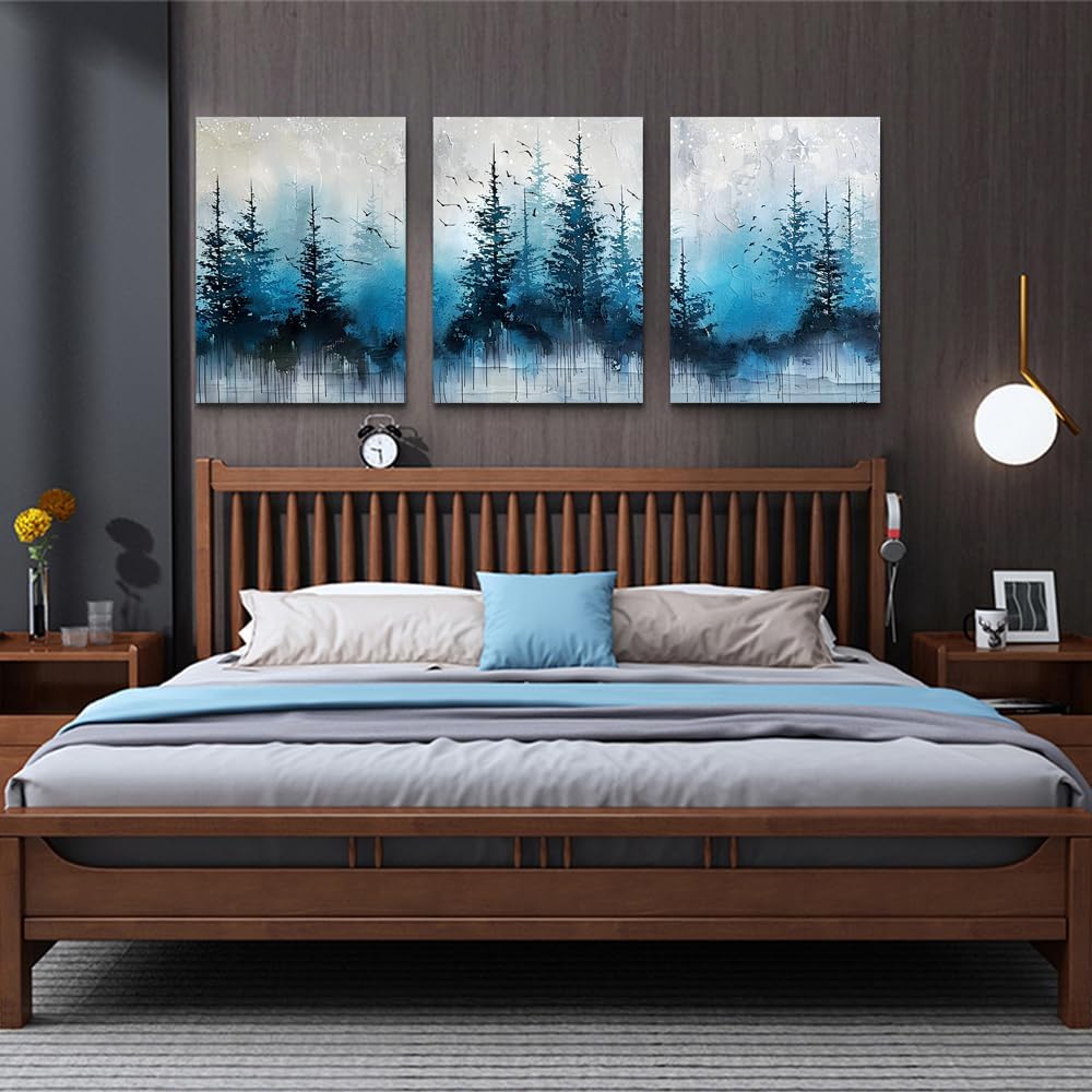 TTHYUEWS Large Canvas Wall Decor for Living Room - Boho Art for Bedroom Forest Landscape Abstract Pictures - Tree Blue Painting Artwork Office Aesthetic Decoration - Hang Easy 3 Piece