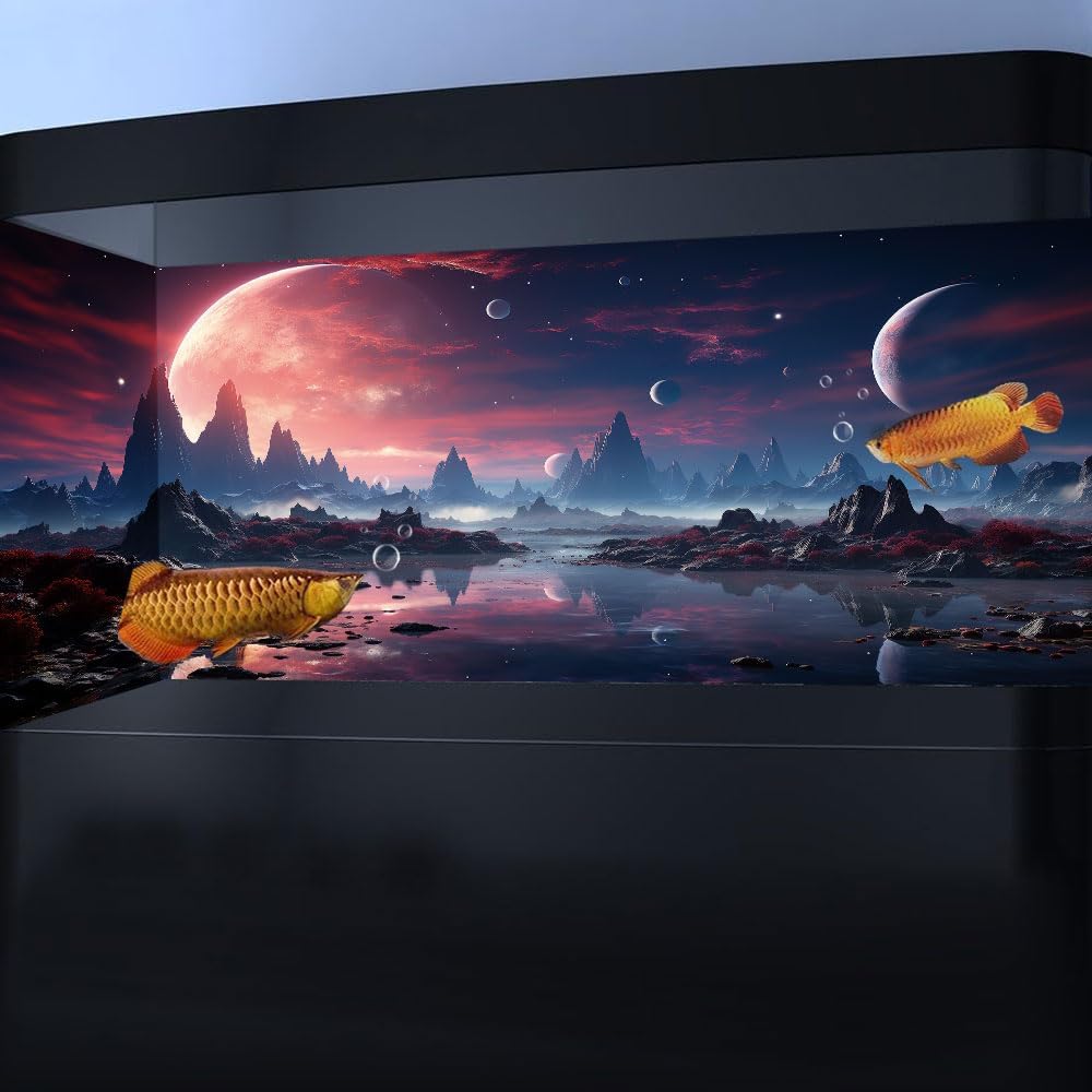 24X12IN Cosmic Spaceterrarium Background, Cool Parallel Space Themed Aquarium Reptile Habitat Background, Red Moon Aquarium Background with 10EVA Double-Sided Tape
