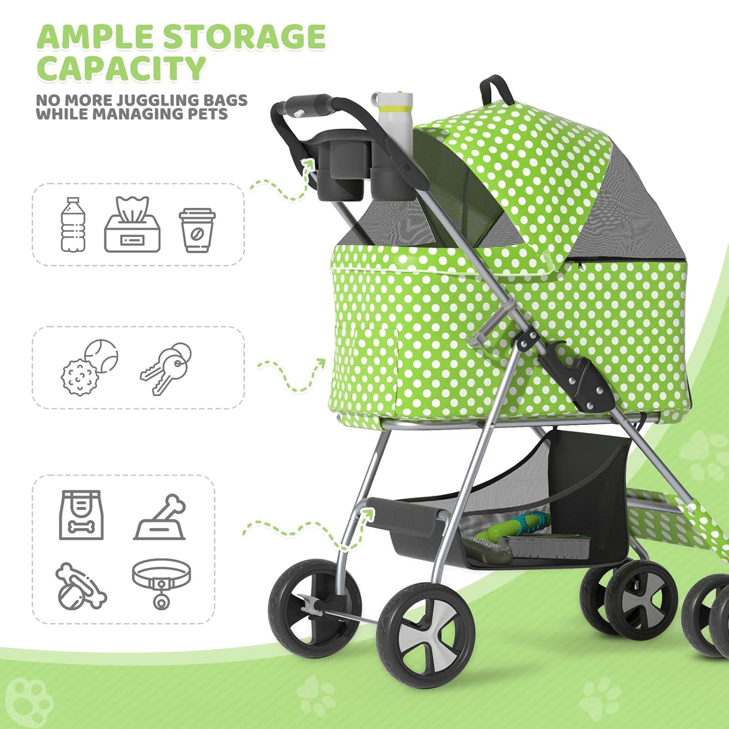 Magshion Foldable Pet Stroller, 3-in-1 Dog Travel Jogger with Detachable Carrier, Cup Holder, Storage Basket, Folding Carrier for Small/Medium Dogs & Cats Up to 33 lbs, Lawn Green Polka Dots