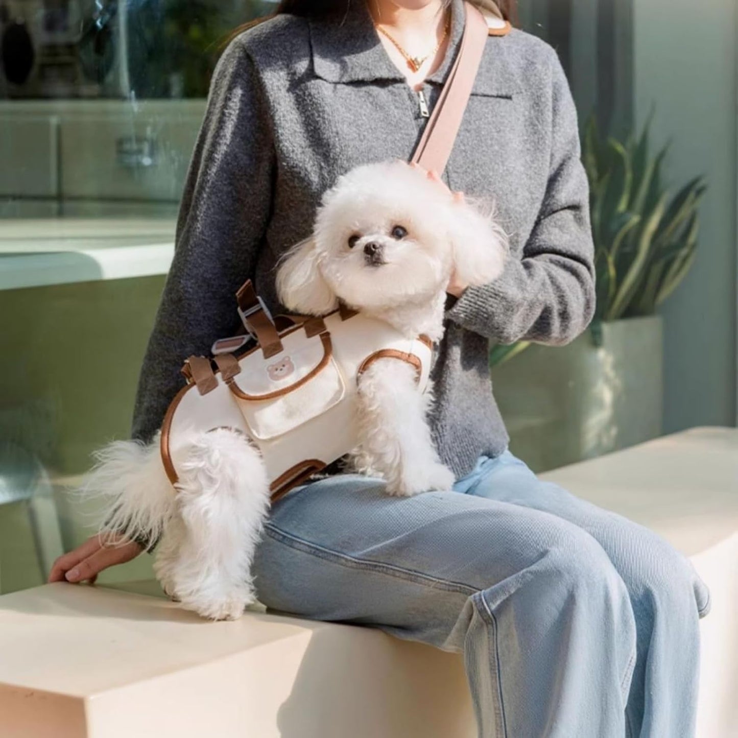 Portable Breathable Pet Carrier Sling & Backpack for Dogs & Cats, Adjustable Full-Body Harness with Traction Leash, Crossbody & Car-Friendly (Large)