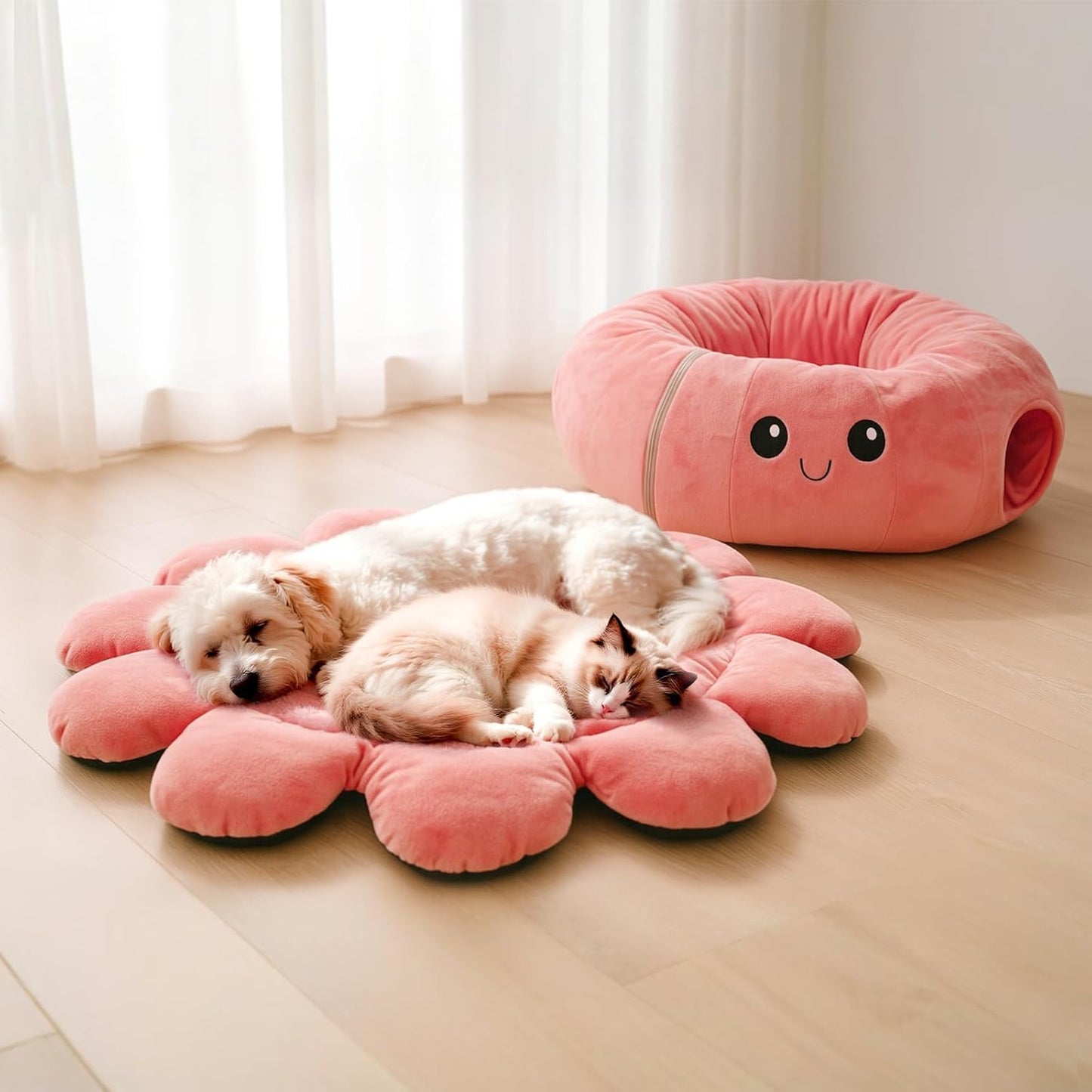 Cat Tunnel Bed for Indoor Cats, Peekaboo Cat Cave Bed,Soft Cat Donut Tunnel for Kitten Large Cats, Cute Pink Octopus Shaped