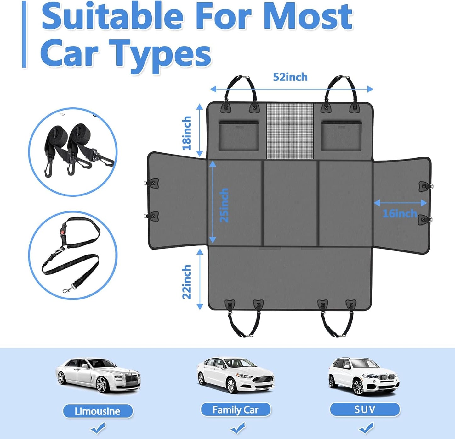Hard Bottom Dog Car Seat Cover for Back Seat – Waterproof Nonslip Hammock Extender for Trucks & SUVs, Heavy Duty Pet Protector, Gray Faux Leather