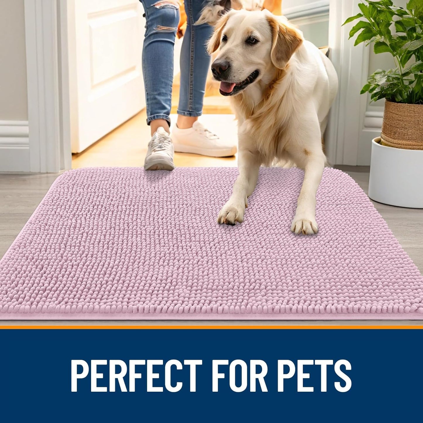 OLANLY Dog Door Mat for Muddy Paws 44x24, Absorbs Moisture and Dirt, Absorbent Non-Slip Washable Doormat, Quick Dry Chenille Mud Mat for Dogs, Entry Indoor Entryway Carpet for Inside Floor, Dusty Rose