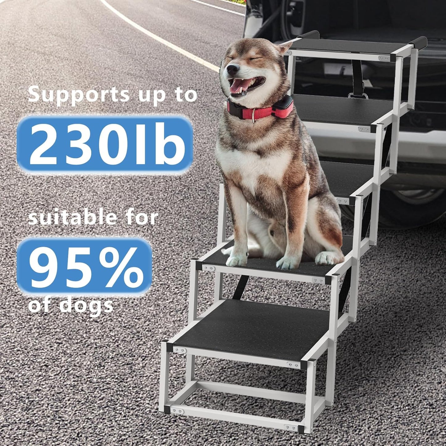 Dog Stairs for Large Dogs - 5 Step Foldable Dog Ramp for Car Non-Slip Surface Support up to 230lbs - Suitable for SUV,Truck, Sofas, Bed