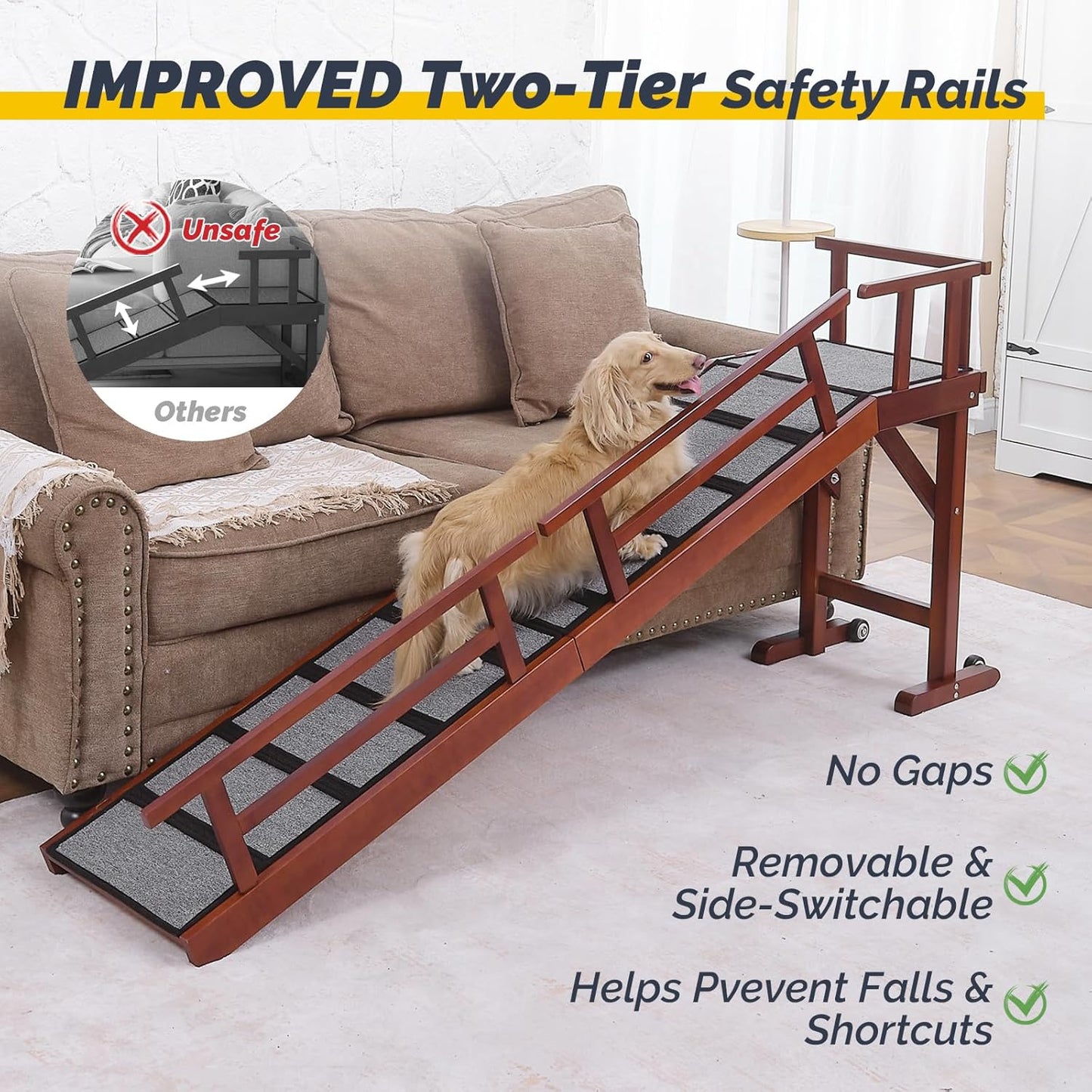 Dog Ramp for Bed or Couch, Wooden Pet Ramp with 20° Gentle Slope, Removable Side Rails, Non-Slip Surface, Top Platform & Wheels, Safe Bed Ramp for Small, Medium & Senior Dogs, 74" Long, Mahogany
