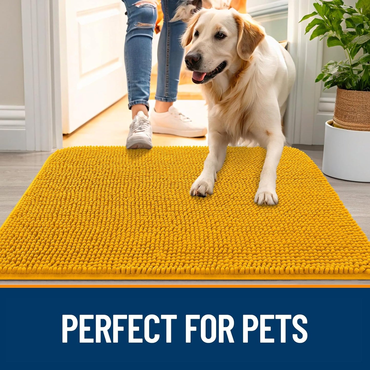 OLANLY Dog Door Mat for Muddy Paws 36x24, Absorbs Moisture and Dirt, Absorbent Non-Slip Washable Doormat, Quick Dry Chenille Mud Mat, Entry Indoor Entryway Carpet for Inside Floor, Golden Yellow