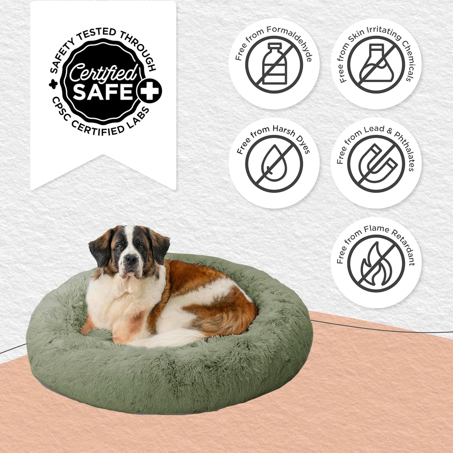 Best Friends by Sheri Original Calming Donut Dog and Cat Bed, Shag Faux Fur, Sage Green, XL (45in x 45in) - Anxiety Relief for Pets Up to 150 lbs