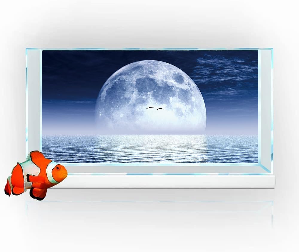 Moon Aquarium Background,Cool Sea Galaxy Parallel Space Themed Fish Tank Background, Cool Terrarium Background 24X12IN with 8 EVA Double-Sided Tape