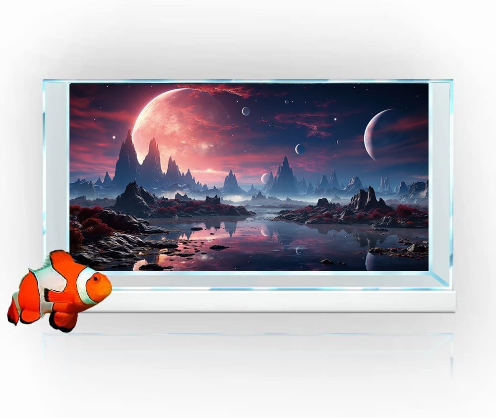 36X20IN Cosmic Spaceterrarium Background, Cool Parallel Space Themed Aquarium Reptile Habitat Background, Red Moon Aquarium Background with 10EVA Double-Sided Tape