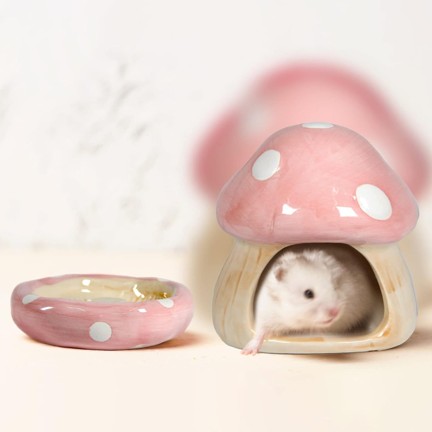 Ceramic Mushroom Guinea Pig House Hamster Hide Bed Includes Hamsters Food Bowl Guinea Pig Hideout for Hamster Chinchilla Hedgehog Rat Small Animals(Pink Mushroom Set)