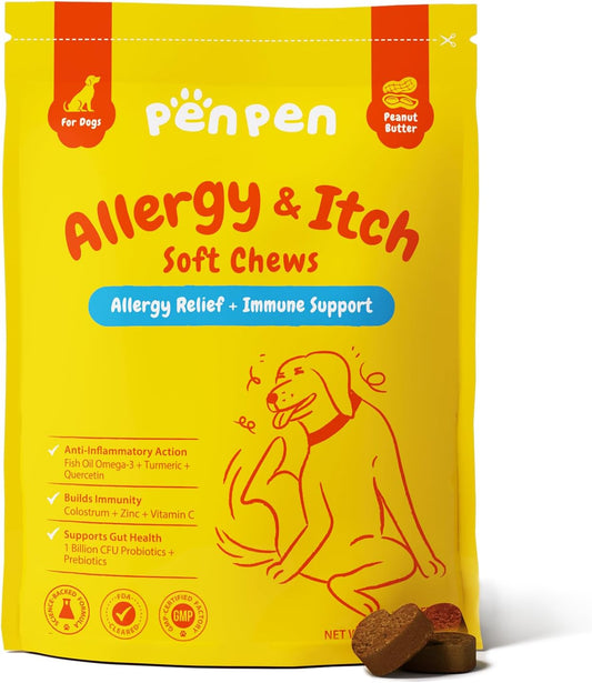 PENPENPET Dog Allergy Relief Chews, Dog Itching Skin Relief, Omega 3 for Dogs Itch Supplement, Relieve Seasonal Allergy, Provide Immune Support (Peanut Butter Chews, 50ct)