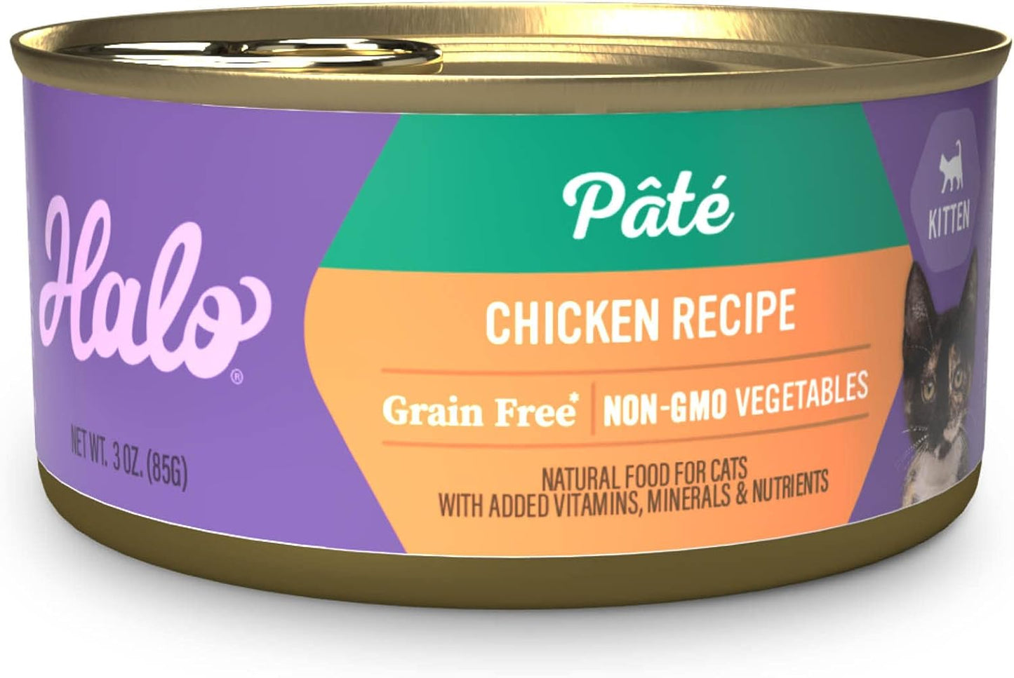 Halo Wet Kitten Food Whole Chicken Recipe, Grain Free Wet Cat Pate, Canned Cat Food to Support Brain Development, 3 Oz Can (Pack of 12)