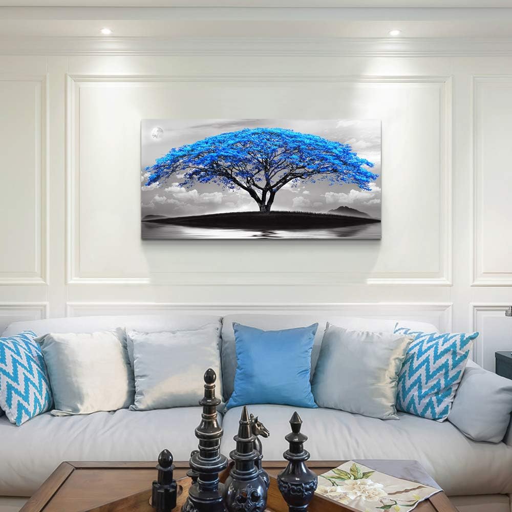 canvas wall art for living room bathroom Wall Decor Black and white landscape Blue tree moon painting to Hang Home Decorations for office bedroom kitchen Works canvas Prints pictures 24" x 48"inch