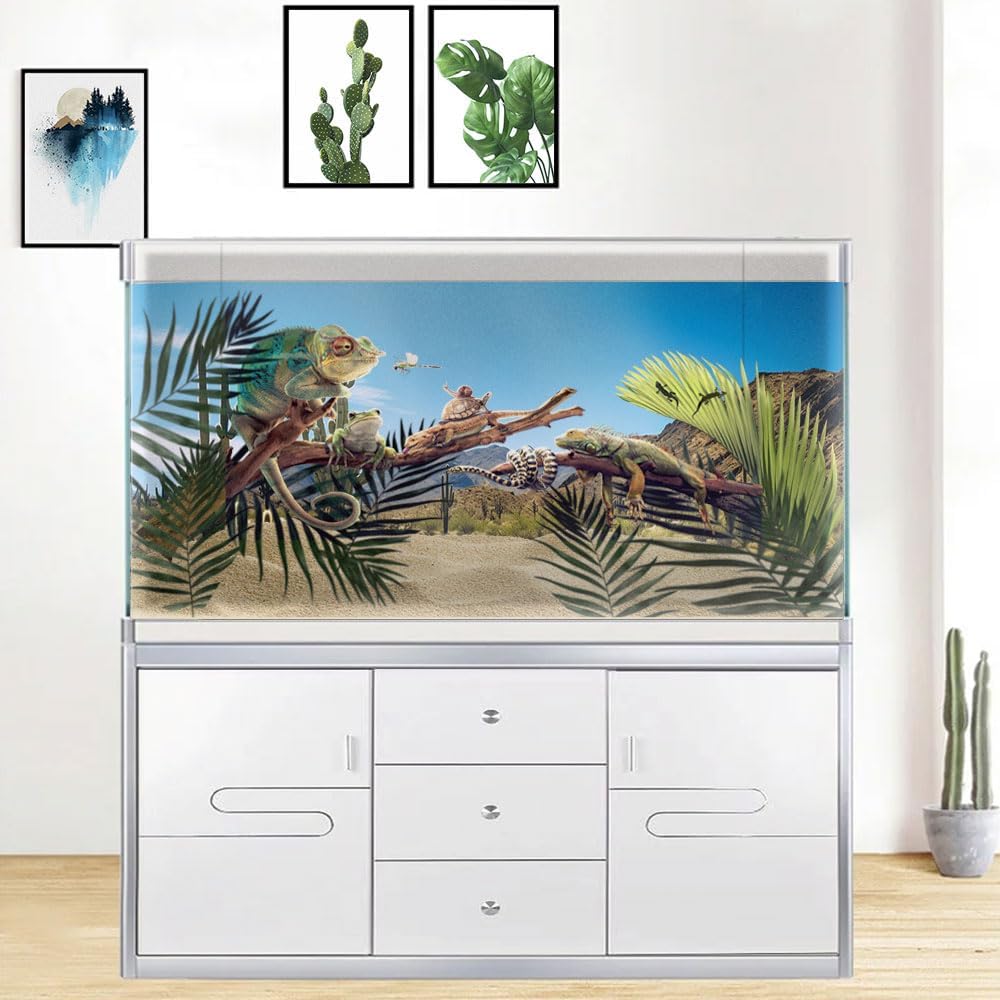 Reptile Habitat Background, Retro Desert Oasis Cactus Terrarium Background 24X12 in Background with 8 EVA Double-Sided Tape