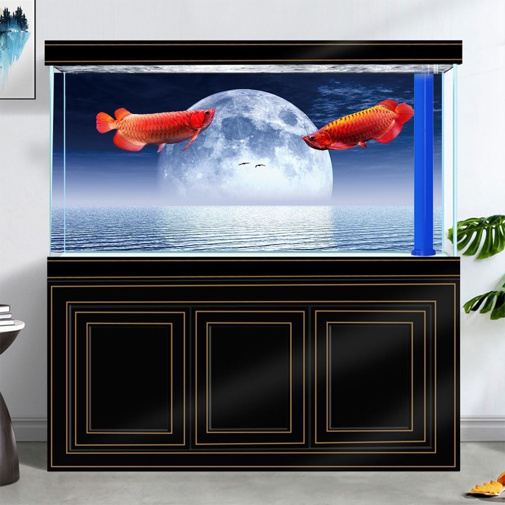 Moon Aquarium Background,Cool Sea Galaxy Parallel Space Themed Fish Tank Background, Cool Terrarium Background 72X18IN with 8 EVA Double-Sided Tape