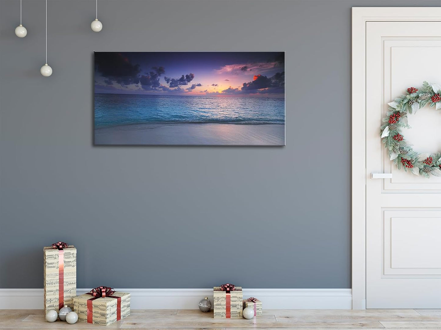 Blue Ocean Sunset Canvas Wall Art – Framed Seascape Painting, Coastal Landscape Nature Decor for Living Room & Bedroom (24x48 Inch)