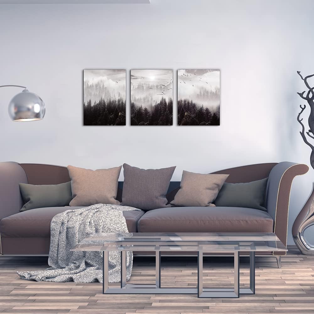 Large Size Canvas Wall Art For Living Room Boho Wall Decor For Bedroom Wall Decorations For Office Foggy Forest Trees Wall Paintings Scenery Wall Pictures Artwork Home Decoration 20" X 28" 3 Piece