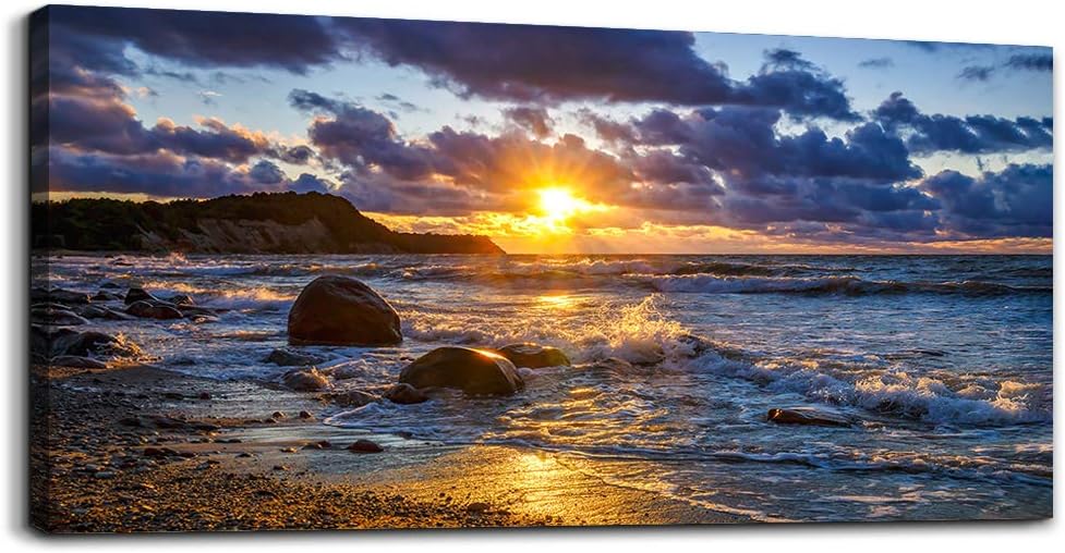 canvas wall art for living room bedroom Wall Decor blue ocean landscape painting Hang Home Decoration office bathroom kitchen sun beach sea golden Waves on the beach canvas art Prints pictures Works