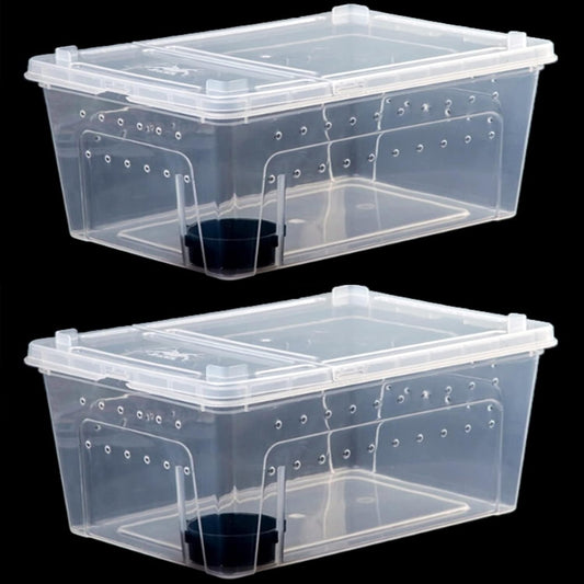 Critter Keeper 2-Pack, Cricket Cage & Reptile Feeding Box 12.59"x8.66"x5.9" Transparent Portable Plastic Snake Habitat Escape-Proof Ventilated Design for Gecko, Tarantula, Scorpion, Spider, Frog