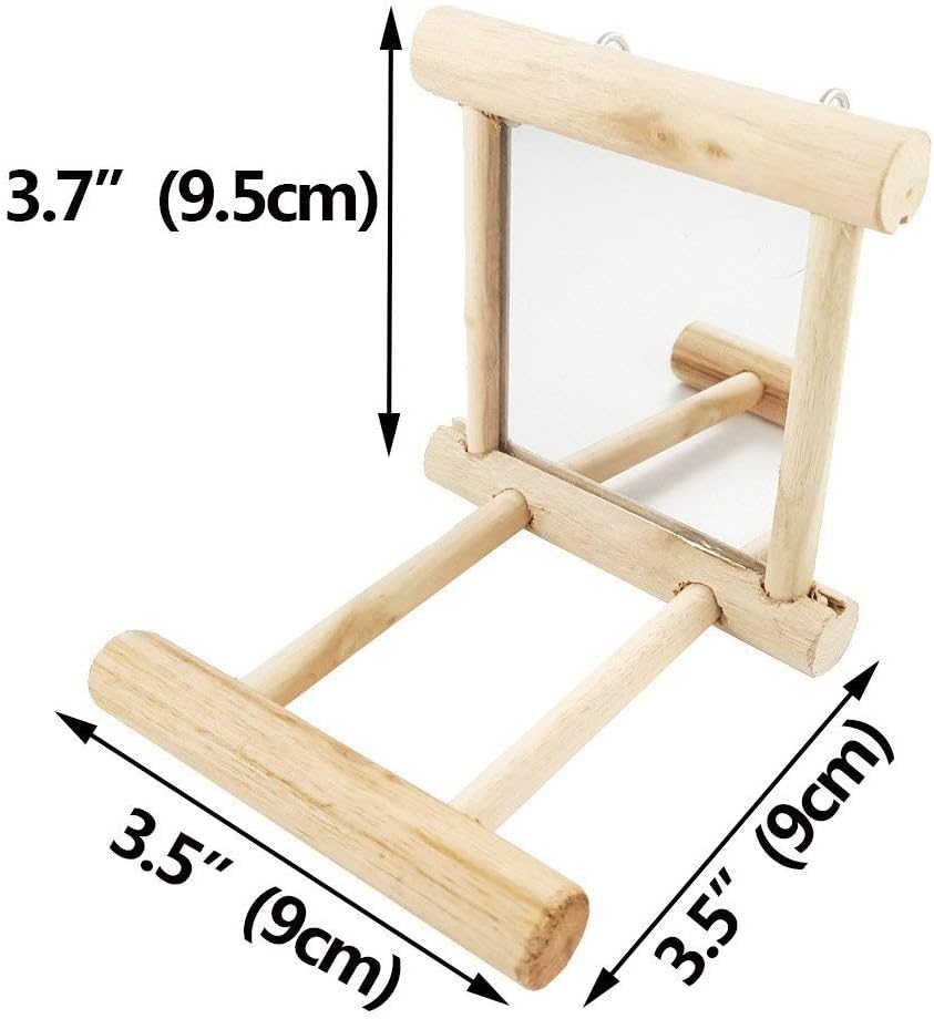 Bird Mirror with Swing and Perch for Parakeets Cockatiels Lovebirds Finches - Wooden Interactive Hanging Cage Toy, 3.7 x 3.5 x 3.5 Inch, 1 Pack
