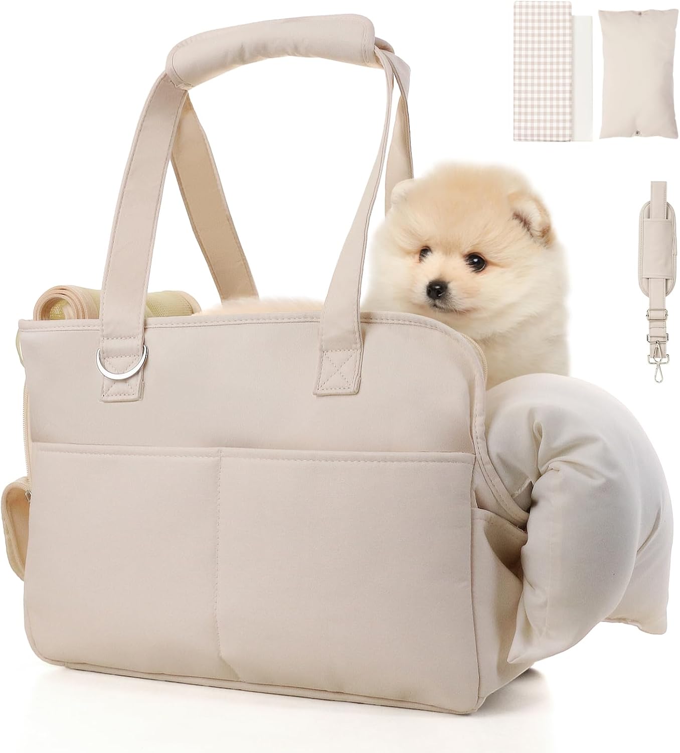 Dog Purse Carrier for Small Dogs, Soft Soft Sided Folding Dog Carriers for Small Dogs Medium Cats Puppies up to 15 Lbs, Washable Breathable Puppy Carrier for Outdoor Travel (Large Beige)