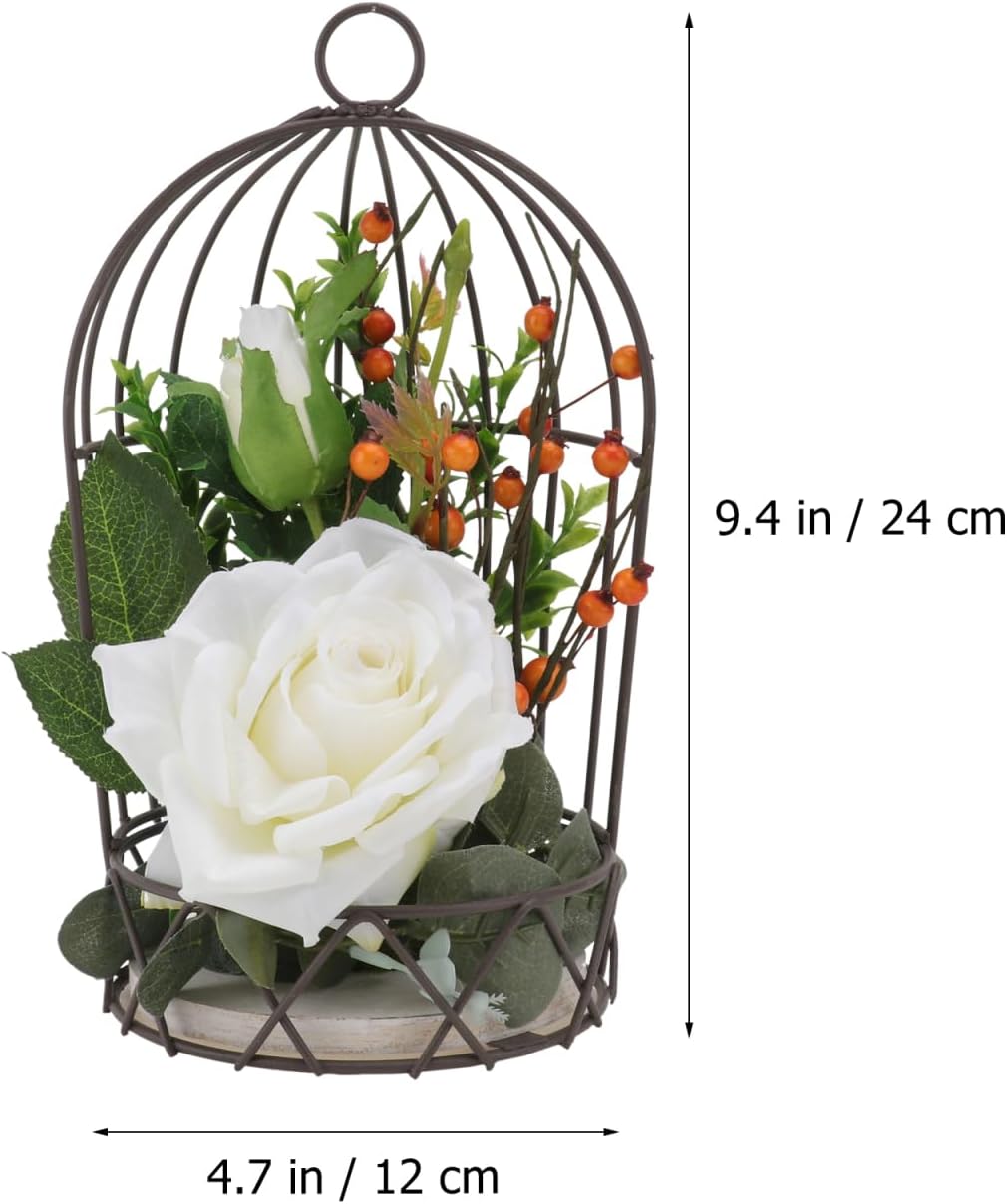 BESTOYARD Hanging Bird Cage Decor with White Simulation Rose Flowers for Home Wedding Table and Garden Ornament