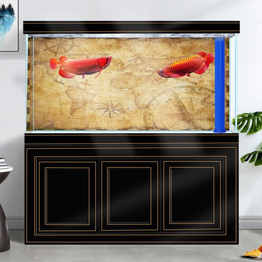 24X16IN Retro Old Travel World Map Terrarium Background, Art Parchment Pirate Treasure Map Reptile Habitat Background with 10EVA Double-Sided Tape