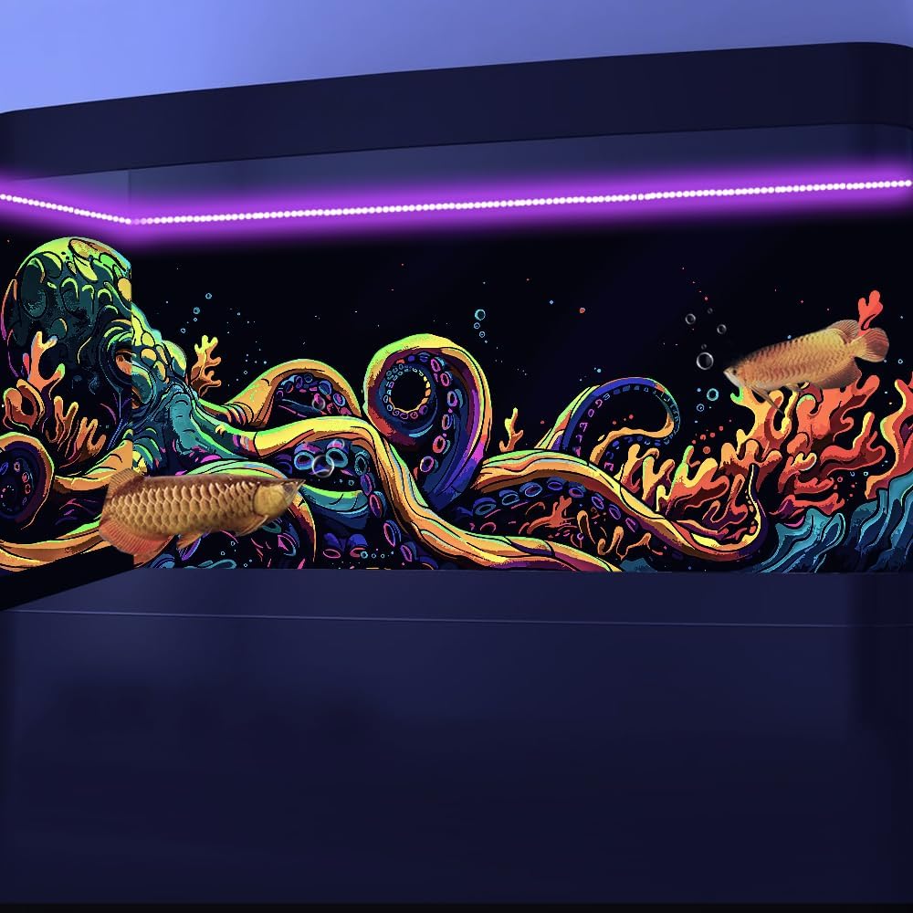 30X12IN Blacklight Octopus Sea Monster HD 3D Black Light Aquarium Background UV Reactive Background Terrarium Background with 10 EVA Double-Sided Tape