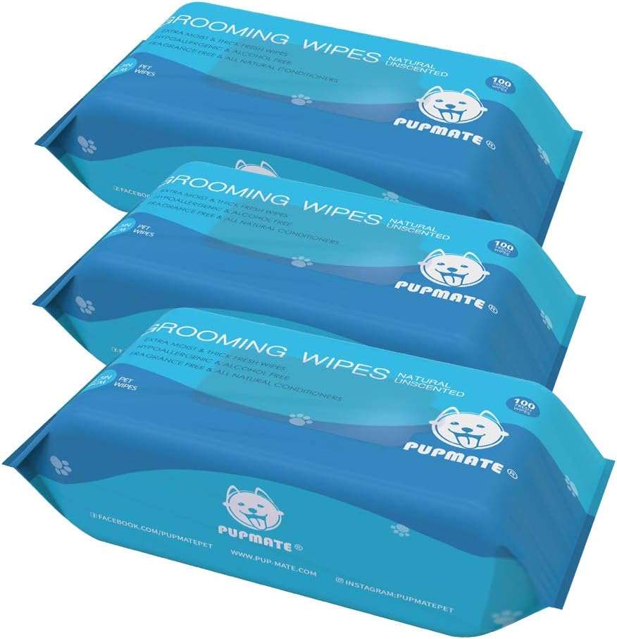 All Natural Pet Grooming Wipes, 100 Fresh Counts, Extra Moist & Thick, Natural Wipes for Dogs & Cats, Puppies & Kittens (Pack of 3)