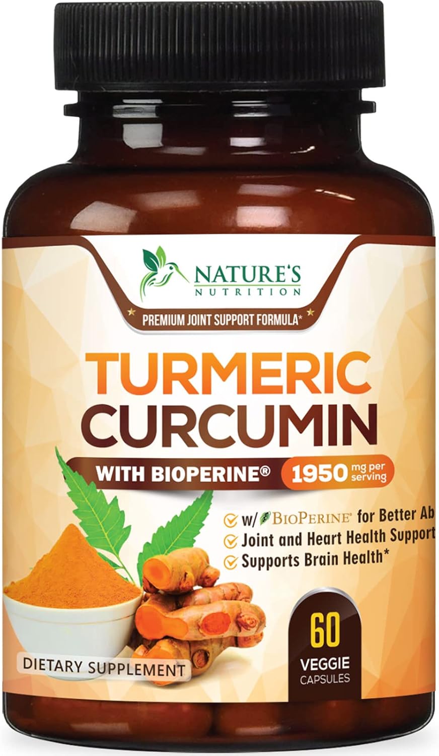Turmeric Curcumin Supplement 1950mg - 95% Curcuminoids with Organic Turmeric & BioPerine Black Pepper Extract for Best Absorption, Nature's Vegan Joint Support, Non-GMO, Bottled in USA - 60 Capsules