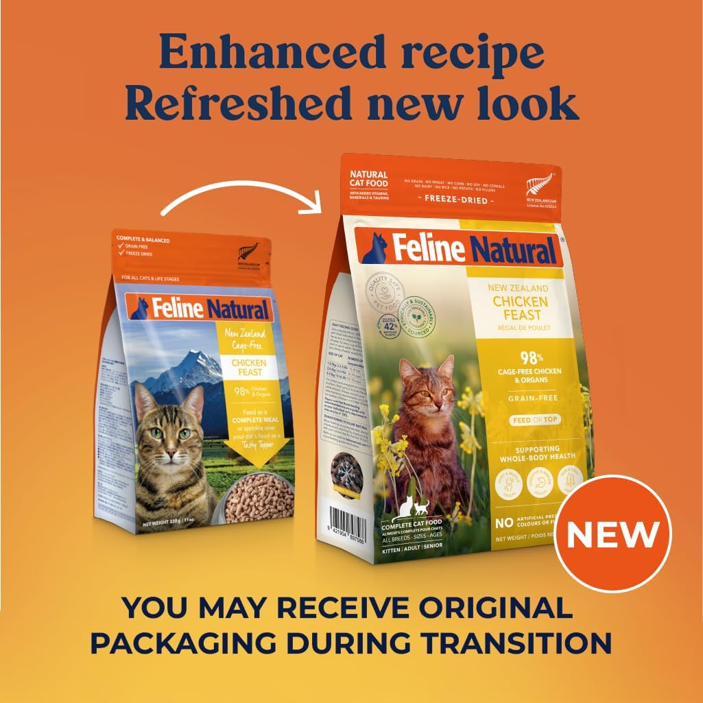 Feline Natural High Protein Dry Cat Food, Freeze-Dried Diet with 98% Meat, Organs & Seafood, No Peas, Grains, or Artificial Additives, Made in New Zealand, Chicken, 11oz
