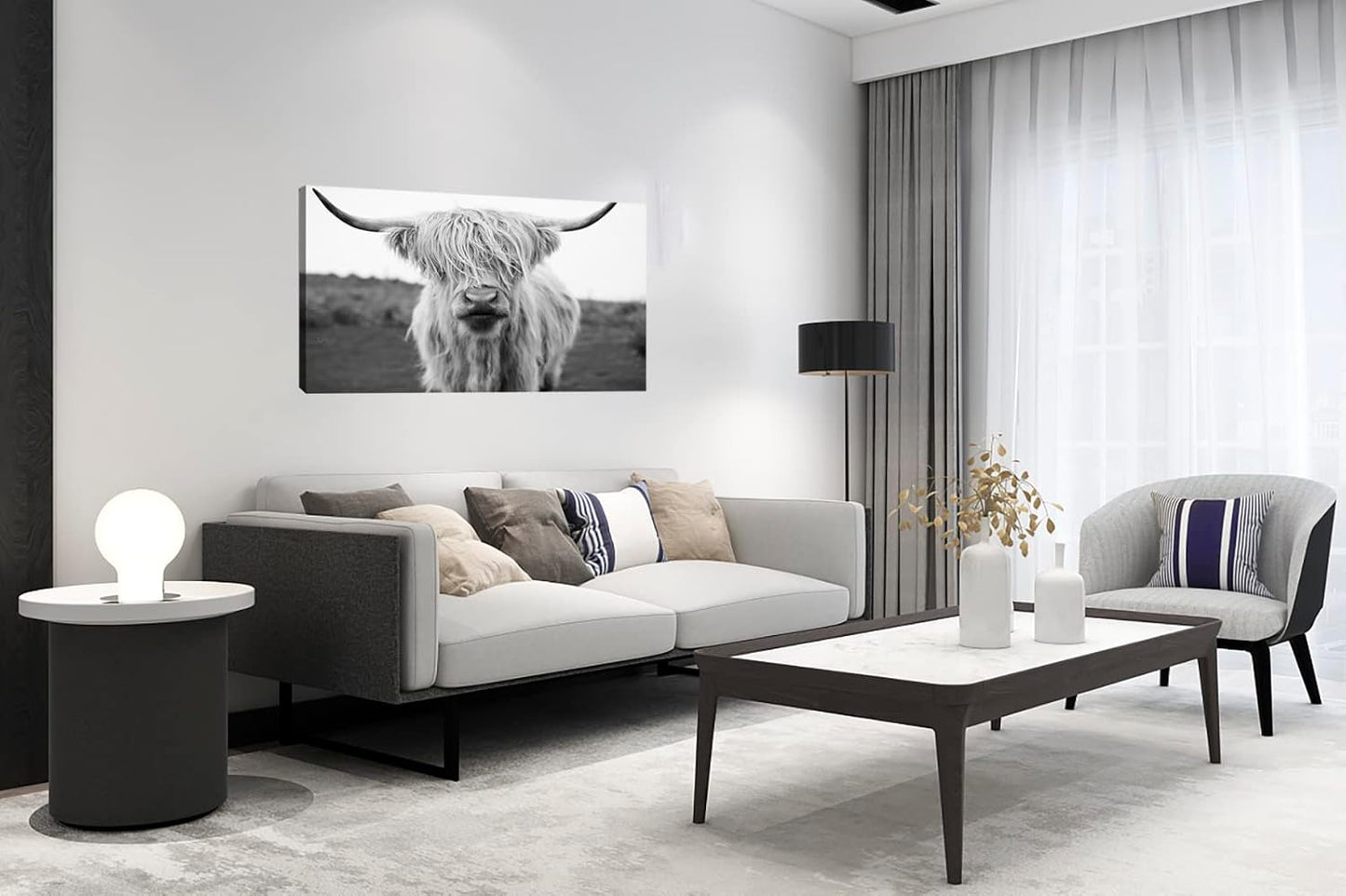 XXMWallArt FC3650 Highland Cow Canvas Art - Black and White Animal Wall Art for Living Room, Bedroom, Office Decor