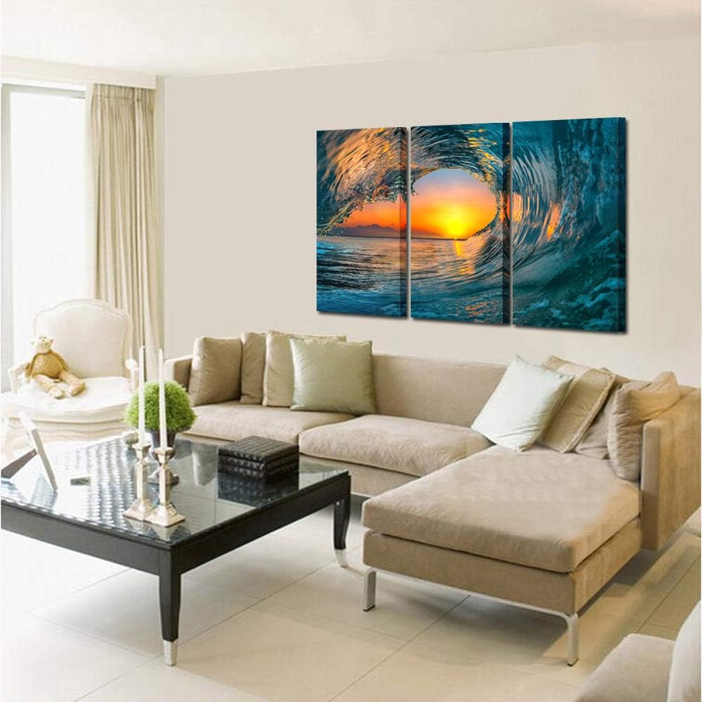 KREATIVE ARTS Large 3 Pieces Canvas Prints Wall Art Sunset Sea Water Ocean Wave Pictures Paintings Modern Stretched and Framed Seascape Giclee Artwork Ready to Hang for Living Room Home Decorations