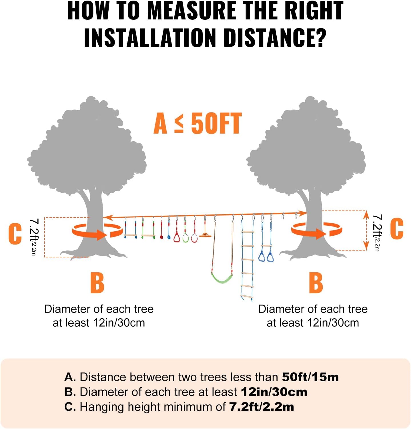 VEVOR Ninja Warrior Obstacle Course for Kids, 2 x 50 ft Weatherproof Slacklines, 500lbs Weight Capacity Monkey Line, Outdoor Playset Equipment, Backyard Toys Training Equipment Set with 12 Obstacles
