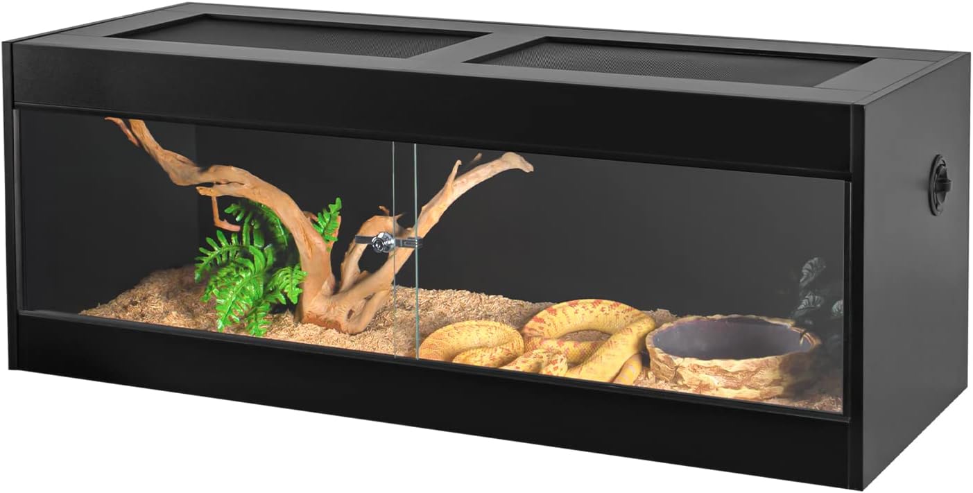 OIIBO 67 Gallon Reptile Original Wood Enclosure, 48"x18"x18" Large Reptile Terrarium with Double Hinge Sliding Doors and Top Screen Ventilation Reptiles Habitat Lounge Black
