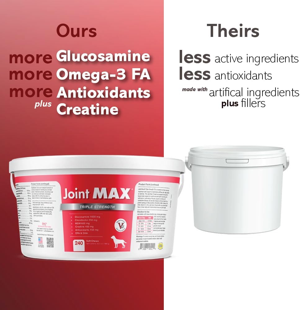 TS Joint Supplement Vet Formulated Pain & Inflammation Relief Treats Hip Dysplasia & Arthritis.Glucosamine, Chondroitin, Turmeric, MSM, HA, Creatine, Omega 3 EPA+DHA. All Dogs 240 Soft Chews