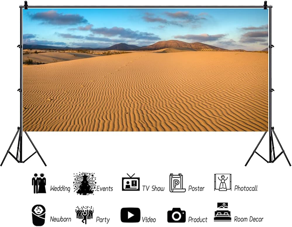 Renaiss 12x6ft Desert Photography Backdrop Golden Ripple Desert Mountain Sand Dunes Blue Sky Gobi Scenery Background Nature Landscape Backgrounds Wilderness Photo Video Shoot Studio Props