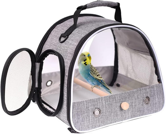 Small Bird Travel Carrier, Portable Bird Travel Cage for Parakeet, Parrot, Budgie, Guinea Pig, Bearded Dragon Reptile Carrier for Hiking Vet Visit Bicycle Ride (Grey)
