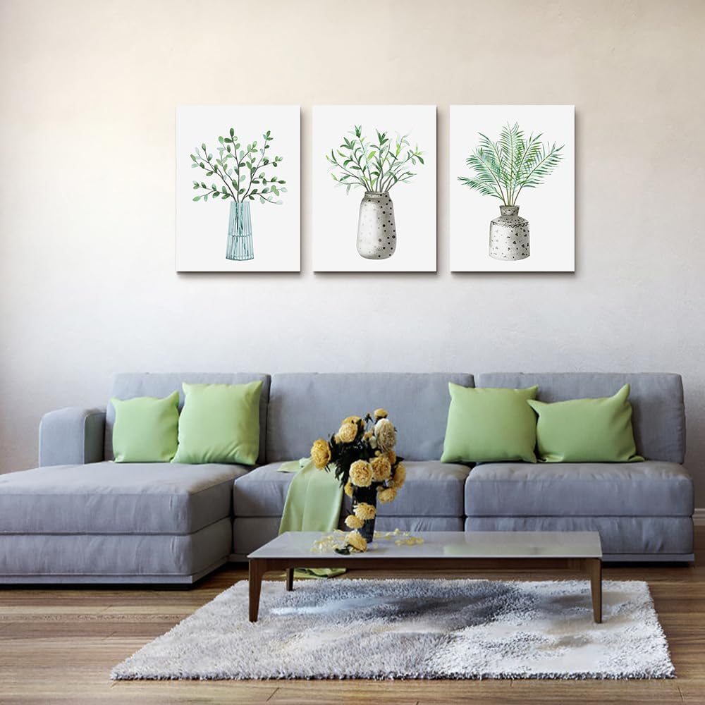 AHUASJART Canvas Wall Art Paintings For Kitchen Dining Room Large Size Wall Decor Living Room Wall Decoration For Bedroom Office Decor Green Leaf Vase Wall Pictures Artwork For Home Walls 3 Piece