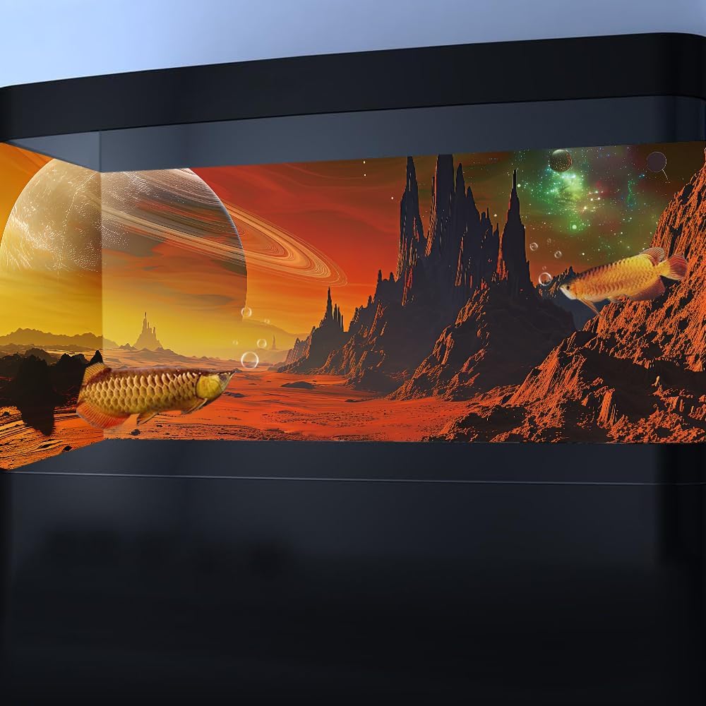 Cosmic Mars Aquarium Background,Galaxy Cool Parallel Space Themed Fish Tank Background, Tropical Desert Terrarium Background 48X18IN with 8 EVA Double-Sided Tape
