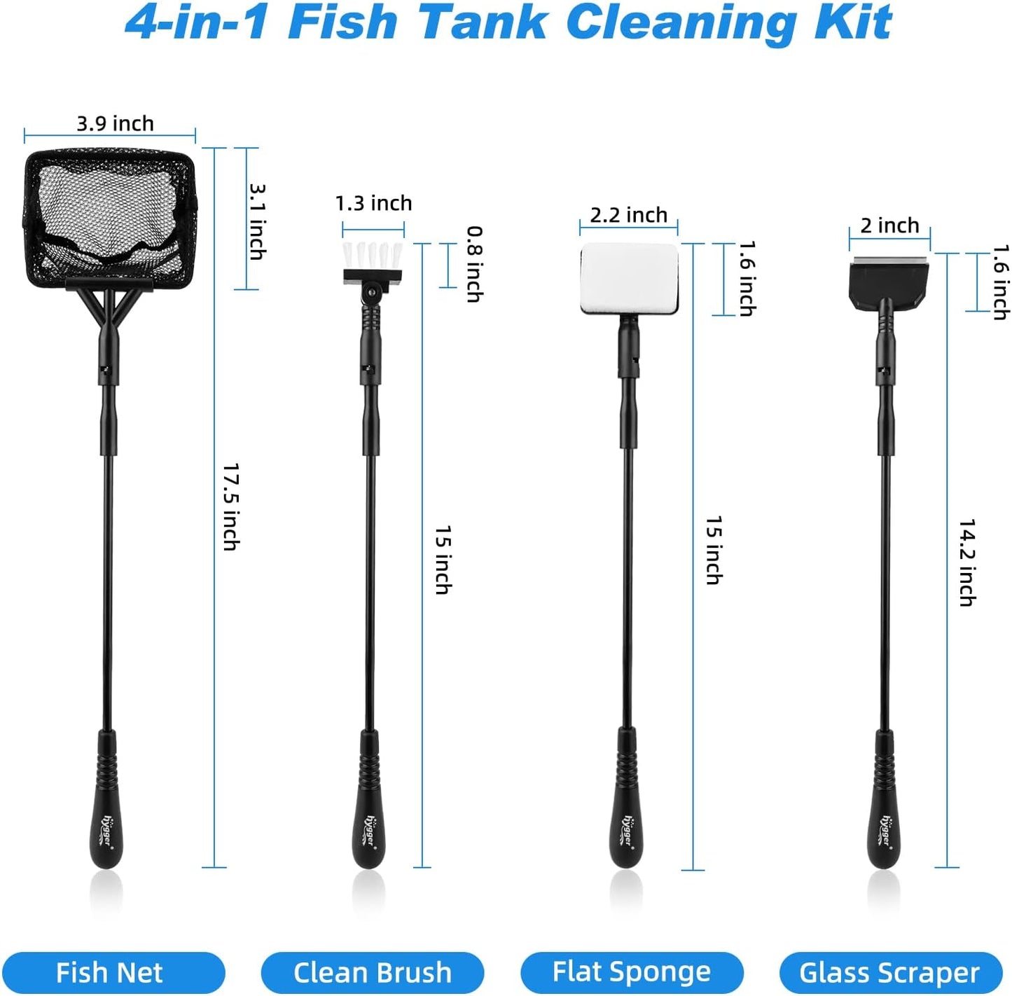 hygger Small Fish Tank Cleaner, Aquarium Cleaning Tools Kit with Handle, Seaweed Scraper, Fishing Net, Sponge Brush,Wall Brush (M)