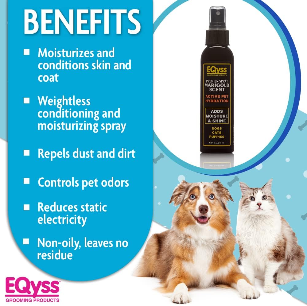 EQyss Premier Pet Spray Marigold Scent - Moisturizes & Conditions for Healthy Skin/Coat, Non-greasy, Adds Shine - Great for Dogs, Cats, Puppies (4 oz)