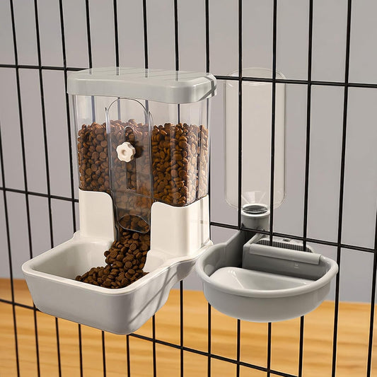 Automatic Pet Food Water Dispenser, Auto Gravity Pet Feeder Water Bottle Set for Crate, Feeding Station for Small Dog Cat Rabbit Guinea Pigs Chinchilla Ferret Hedgehog (Gray)