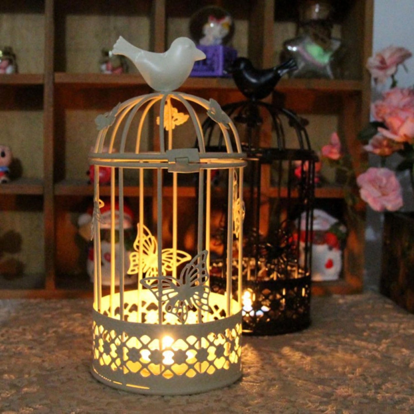 Vintage Decorative Bird Cage，Metal White Bird Cage Decor for Candelabros para Centros De Mesa & Lanterns Decorative Indoor Suitable Wedding Party, Dining Table，Fireplace Metal Lantern&Bird Cage Decor