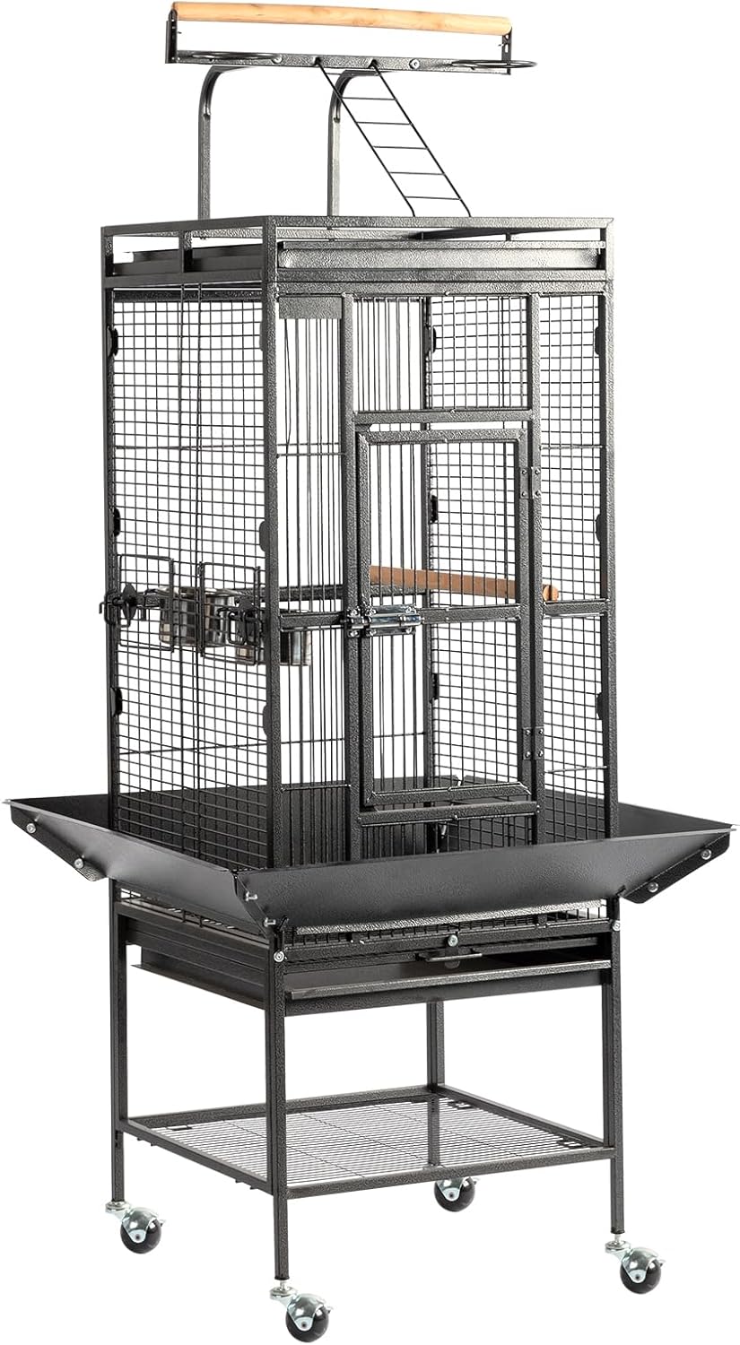 VINGLI 65-Inch Wrought Iron Bird Cage with Playtop | Durable Large Flight Cage with Ladder & Rolling Stand for Parrots, Cockatiels, Budgies, Lovebirds, Small/Medium Birds