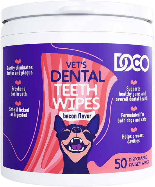 DOCO Dog Teeth Cleaning Wipes Dental Finger Wipes for Cats & Dogs Remove Plaque & Tartar, Freshen Breath, No Rinse, Easy & Effective Pet Tooth Cleaning Kit for Oral Care, Bacon Flavor, 50 Count