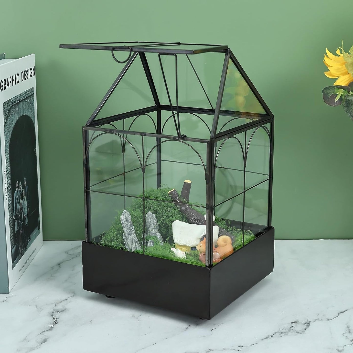 HighFree Glass Terrarium with Metal Tray, Glass Greenhouse Terrarium Kit for Succulents, Cacti, Snails, Spiders, and Miniature Reptiles, Black (Small-5.9" L x 5.9" W x 10.2" H)