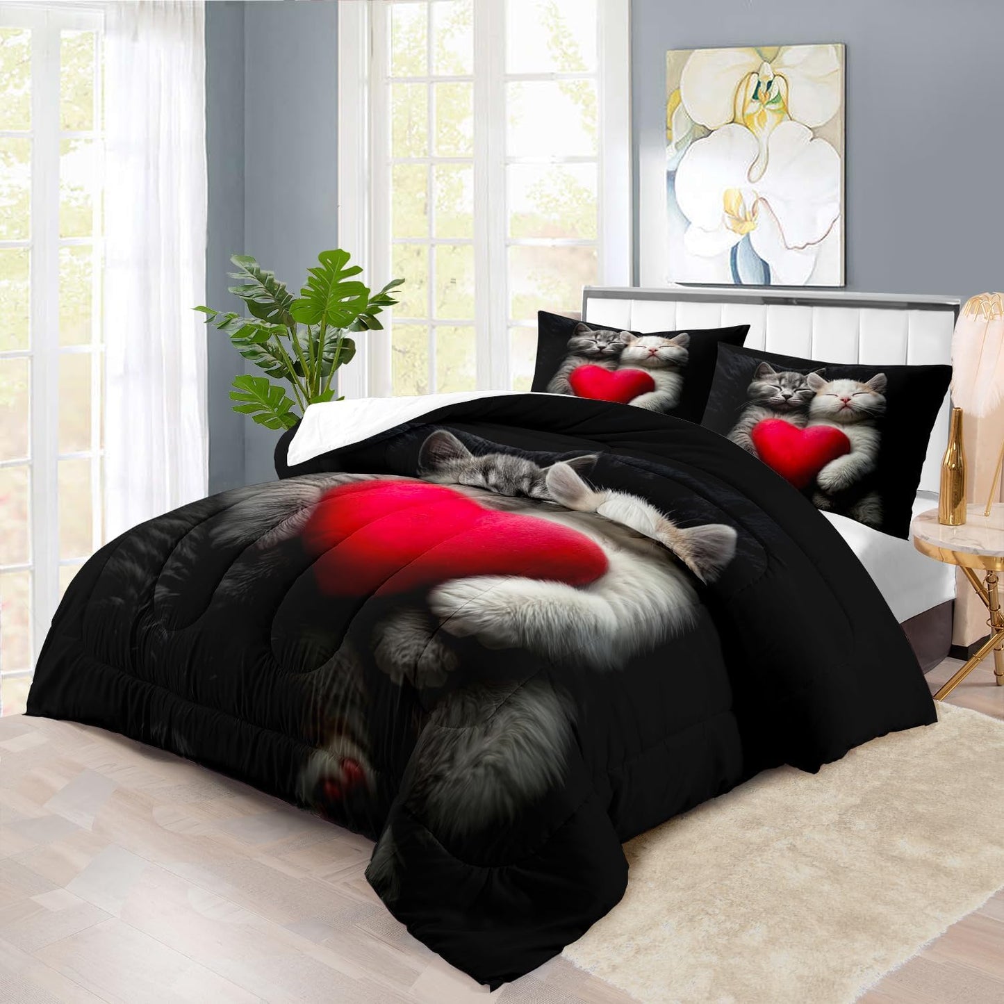 Cute Cat Comforter Set Full,Kawaii Cat Bedding Set for Girls,Cute Animal Comforter Red Love Heart Bedding Decor,Kawaii Farm Animal Quilt Patterns Kids and Adults